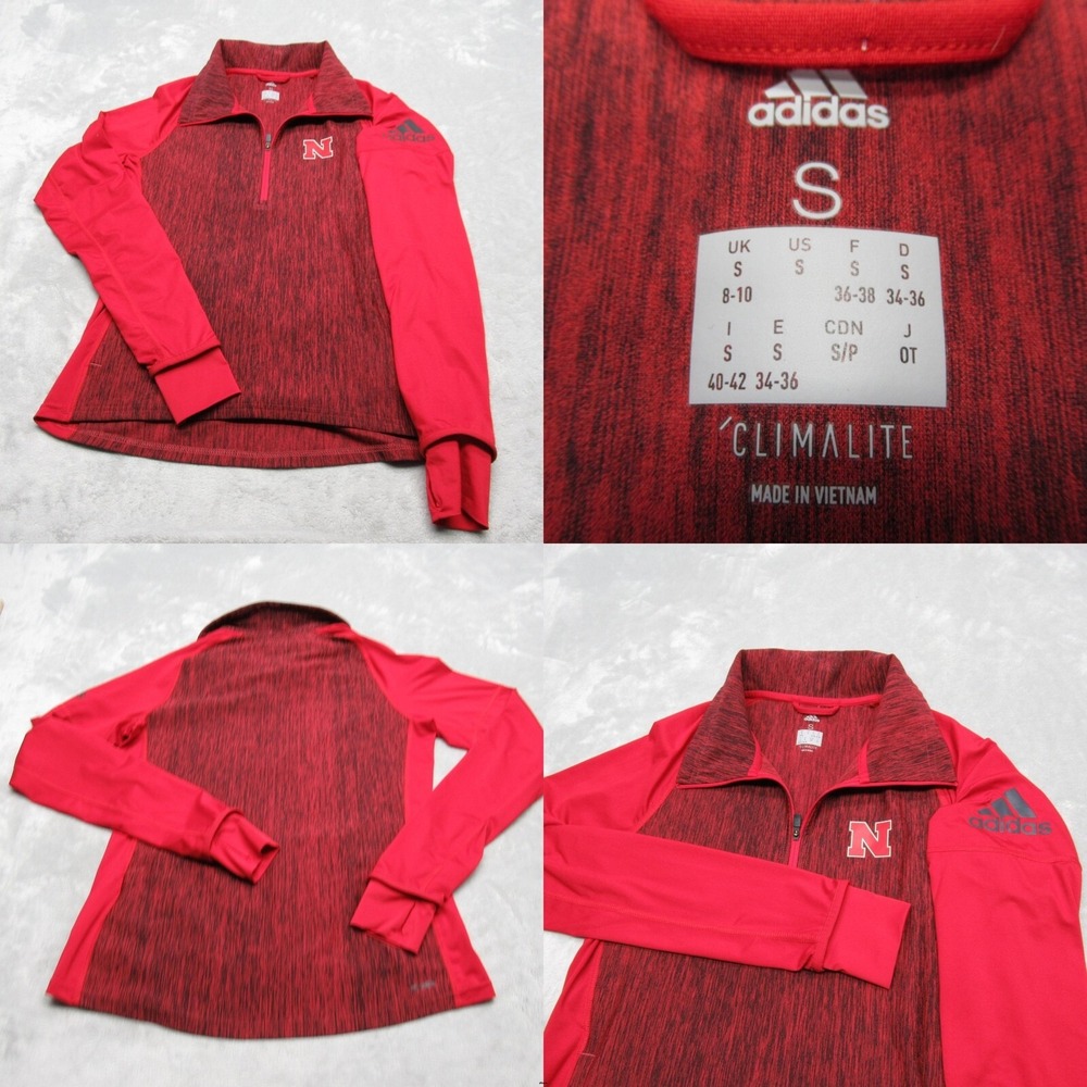 Nebraska Huskers Shirt Women Small Adidas Red ClimaLite Thumb Holes 1/2 Zip Hike